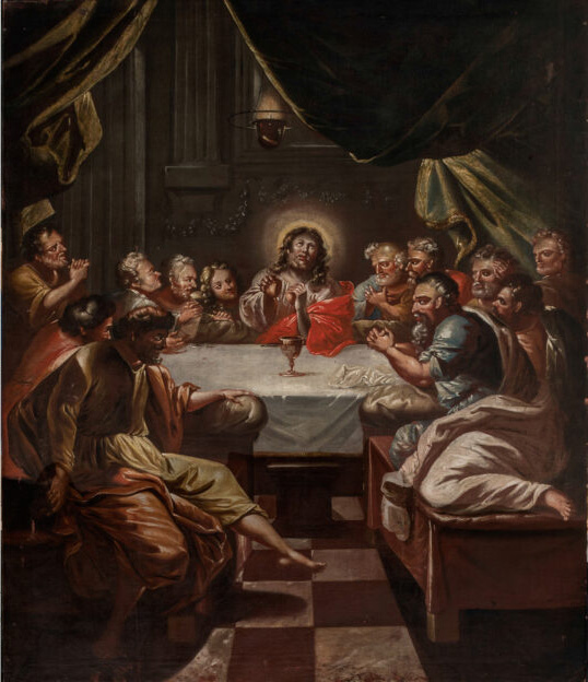 Ylhäällä rivissä neljän evankelistan maalatut rintakuvat pyöreissä kehyksissä mustalla taustalla. Mieshahmojen kasvot muistuttavat alapuolella olevan maalauksen hahmoja. Maalauksessa on keskelle kuvattu Jeesus ja 12 apostolia pöydän ympärillä hämärässä huoneessa.