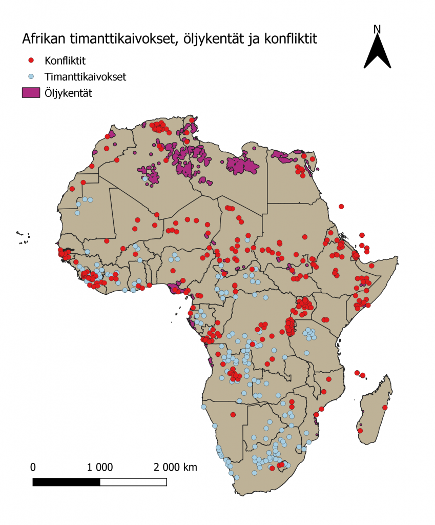 Afrikan konfliktit, timanttikaivokset ja öljykentät visualisoituna kartalla