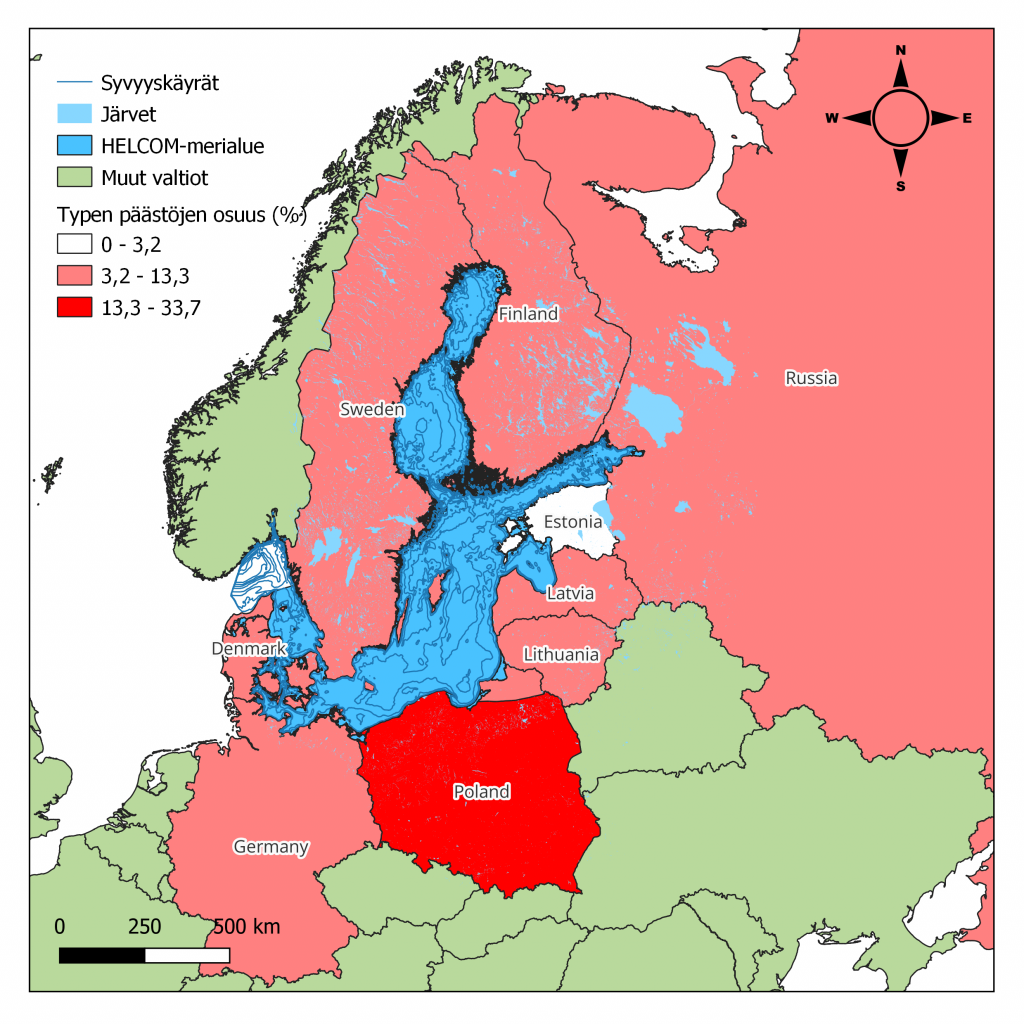 Kartta Itämeren typpipäästöistä valtioittain