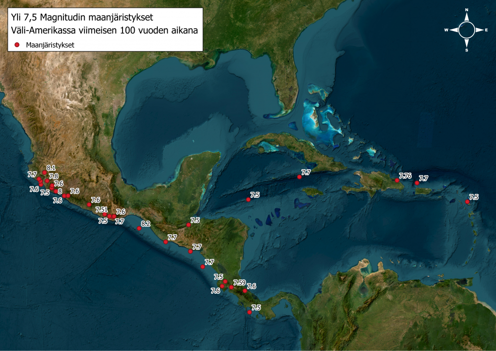 maanjäristyksiä kartalla Väli-Amerikassa. Plajon erityisesti länsirannikolla