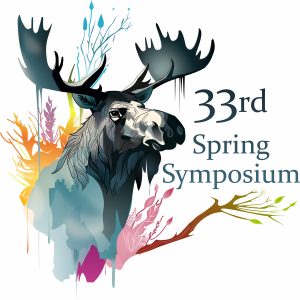The 33rd Spring Symposium logo features a blue moose on a white background with colourful plants surrounding it along with the words: "33rd Spring Symposium"