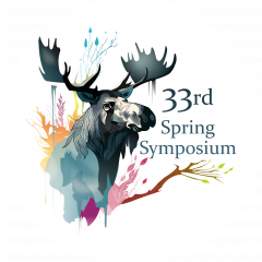 The 33rd Spring Symposium logo features a blue moose on a white background with colourful plants surrounding it along with the words: "33rd Spring Symposium"