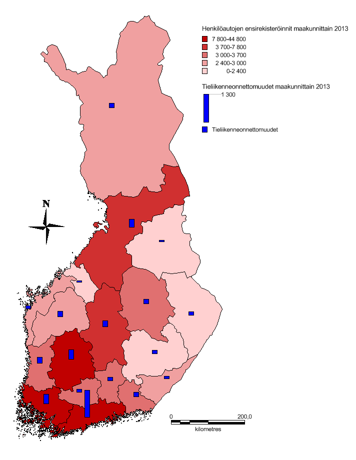 Kuva 1. Henkilöautojen ensirekisteröinnit ja tieliikenneonnettomuudet maakunnittain vuonna 2013. Lähde: Terveyden ja hyvinvoinnin laitoksen tilasto- ja indikaattoripankki SOTKAnet.