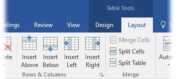 Lisätäksesi rivejä tai sarakkeita taulukkoosi valitse työkaluriviltä Taulukkotyökalut (Table tools), Asettelu (Layout) ja kohdasta Rivit ja sarakkeet haluamasi lisäys: Lisää päälle (Insert Above), lisää alle (Insert Below), lisää vasemmalle (Insert Left) tai lisää oikealle (Lisää Right).