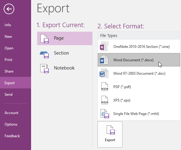 Kuva OneNote-ohjelman Export-näkymästä, jossa on valittu ensin Export, sitten Page ja tämän jälkeen Word Document (*.docx). Valinnat hyväksytään alapuolella olevalla Export-painikkeella.