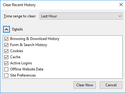 Clear Recent History -ikkuna. Details-kohdassa: Browsing & Download History, Form & Seach History, Cookies, Cache, Active Logins, Offline Website Data, Site Preferences.