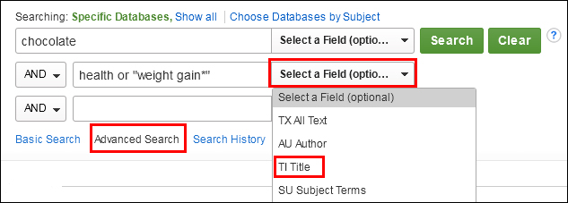 Tarkennettu haku tietokannassa (select a field option > advanced search > TI Title)