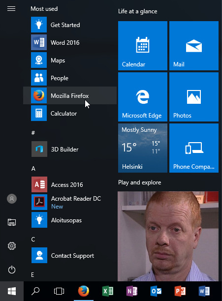 Windows 10:n aloitusmenu.