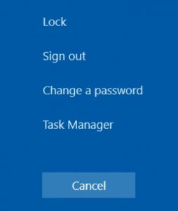 Valikko, jossa valinnat Lock, Sign out, Change a password ja Task Manager. Kuva avautuu linkistä isompana.
