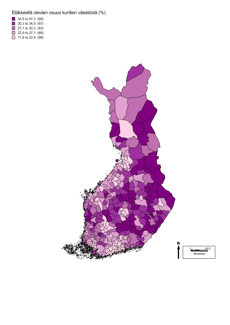 Kuva 1. Eläkkeellä olevien osuus kuntien väestöstä (%) 2011. Lähde: Mapinfo