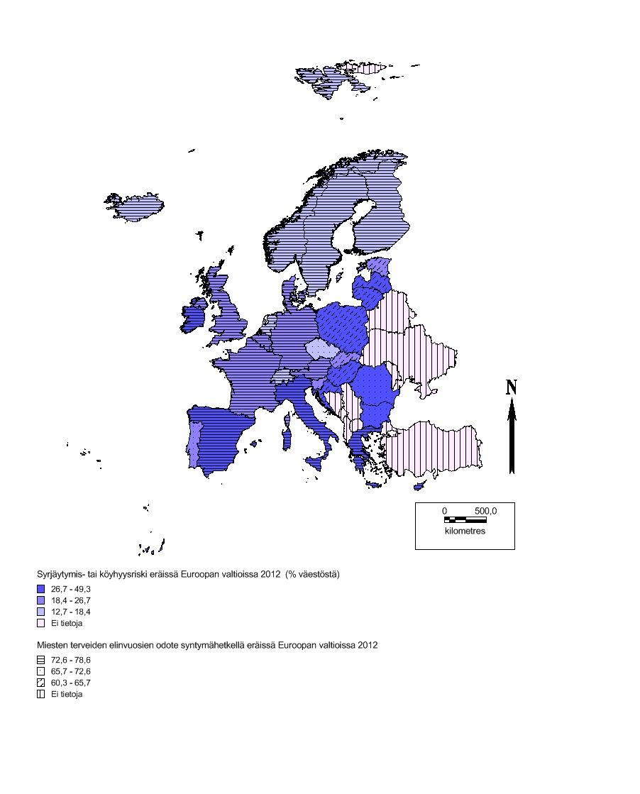 Kuva 1. Syrjäytymis- tai köyhyysriski ja miesten terveiden elinvuosien odote eräissä Euroopan valtioissa 2012. Lähde Eurostat 2012.