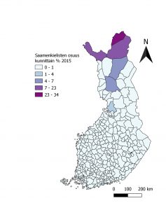 kuva 2 Saamenkielisten osuus kunnittain % 2015