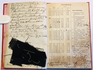 Aukeama Fanny Mechelin 1888 kalenterista, sivulle kiinnitetty kangastilkku.