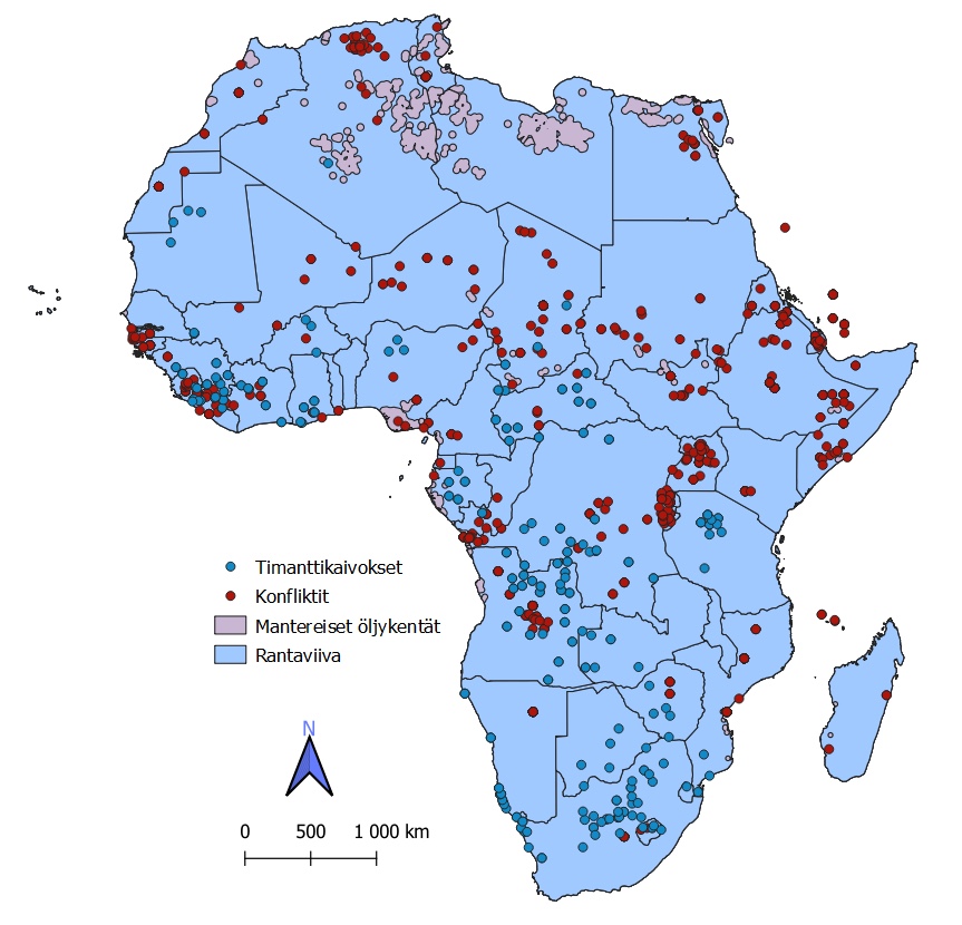 Kuva 1: Afrikan konfliktien sijoittuminen suhteessa timanttikaivoksiin ja öljykenttiin