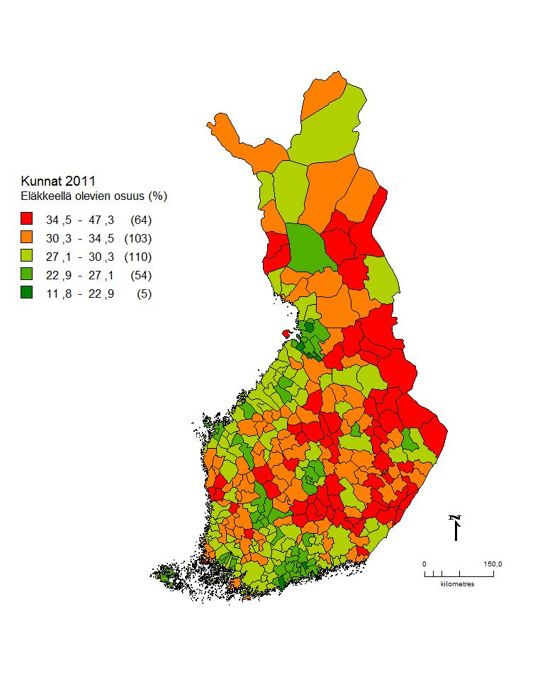 Kuva 2. Eläkeläisten osuus Suomessa kunnittain (Tilastokeskus 2010).
