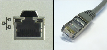 Ethernet- dvs. nätverksuttag (rektangulärt, ett hack i övre kanten för låsning av kontakten) och kontakt (rektangulär med en låsspak på ena långsidan).