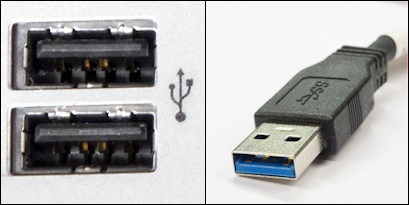 USB-kontakt (rektangulär, relativt platt) och uttag (rektangulärt, tomt på ena långsidan inuti uttaget).