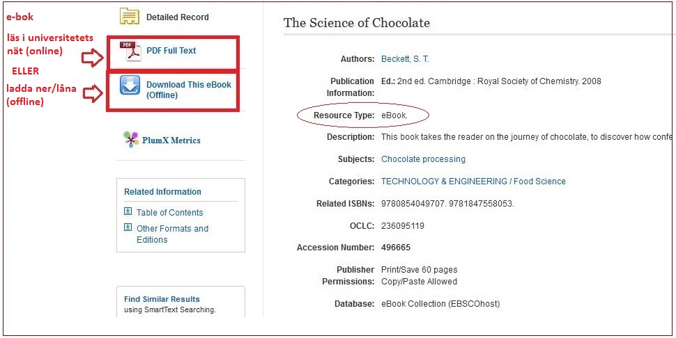 E-boken The Science of Chocolate som hittas i databasen eBook Collection. I bokens uppgifter inringat platserna där boken kan laddas ner på datorn (Download This eBook) eller läsas i en webbläsare (PDF Full Text).