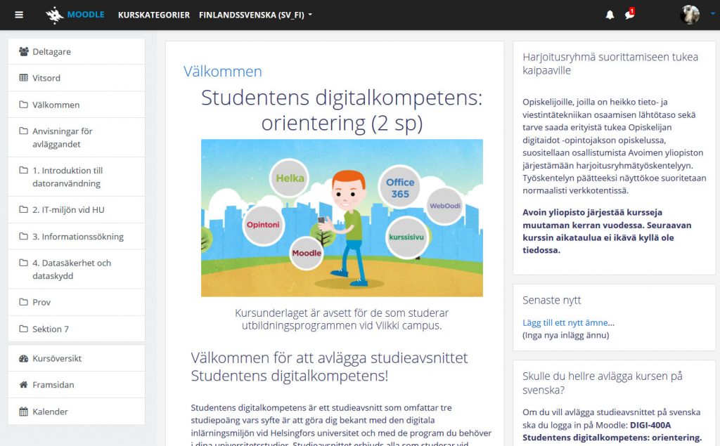 Bild som visar Studentens digitalkompetens -kursomgivningens framsida i Moodle
