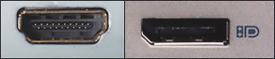 HDMI-kontakt (rektangulär, hack i båda nedre hörnen) och Displayport-kontakt (rektangulär, hack i nedre vänstra hörnet).