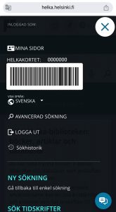 Lånekortets streckkod i Helkas användargränssnitt på en mobil enhet.