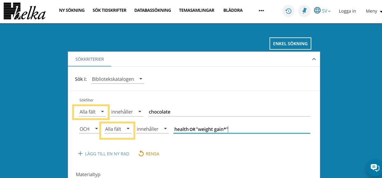 Avancerad sökning i Helka-databasen. I sökfiltret markeras Alla fält, där sökningen kan avgränsas till exempel efter upphovsman eller ämne.
