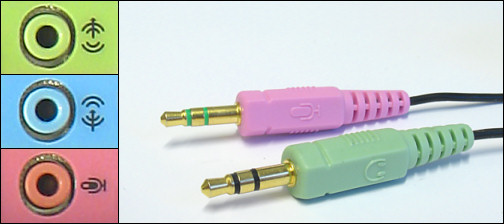 3.5 mm old colour-coded headphone jack, inlet and microphone jack and connectors. The old connectors are embossed with either a headphone or microphone pattern.