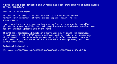 BlueScreen error message that comes if the computer's operating system crashes.