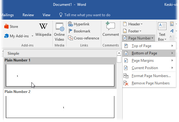 omit page numbering in word 2016