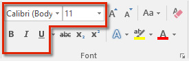 The Font group in the Home ribbon menu, which includes the font, font size, bold, italic and underline.