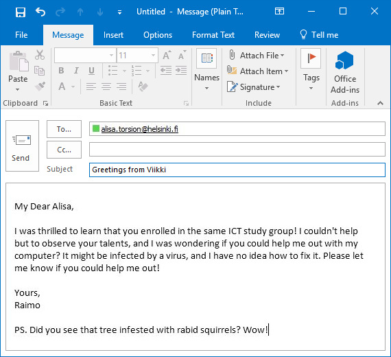 A new e-mail window. Select the Message tab, which contains the recipient's address in the To field, the subject of the message in the Subject field and the message itself in the email text field.