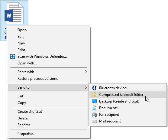 with send to - compressed folder selected in the context menu