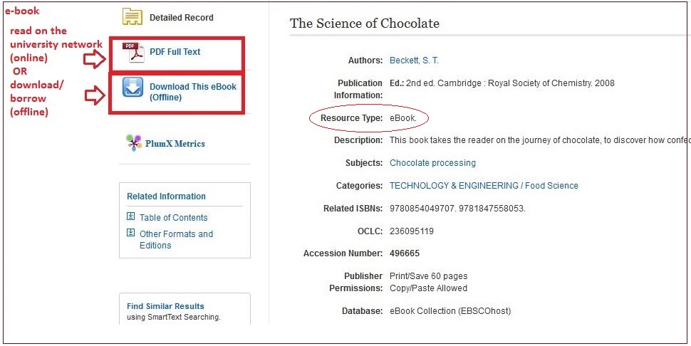 The Science of Chocolate, an e-book available in the eBook Collection database. Under the book details, the places where the book can be downloaded (Download This eBook) or read in the browser (PDF Full Text) are circled.