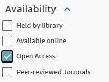 In the Helka user interface, Availability and Open Access have been selected to filter the search results 