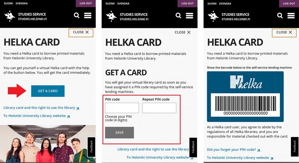 Continuation to the illustrated instructions on getting a Helka card through the Studies service. The instructions are also available in the text. 