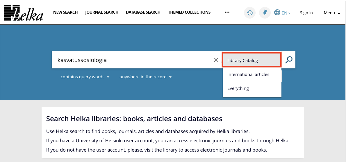 Helka search with the text Library Catalog circled 