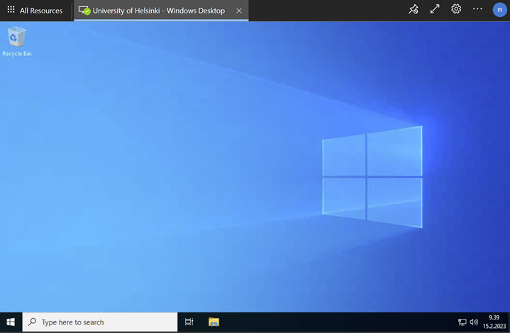 Picture showing the AVD virtual Windows desktop