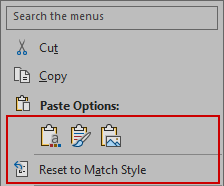 Icons in example image 2: Use the item theme and embed the workbook, Keep source formatting and embed the workbook, Use the item theme and link the data, Keep source formatting and link the data, Image and Restore to match the style.