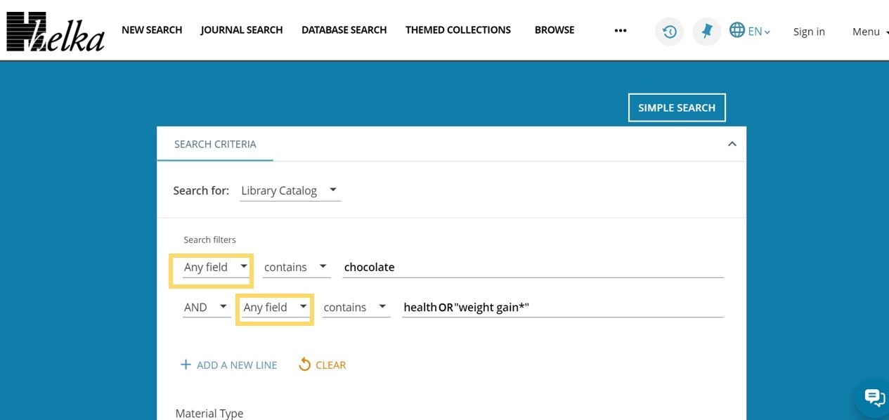 Advanced search in the Helka database. In the search filter there is circled All fields where the search can be narrowed down by, for example, author or subject. 