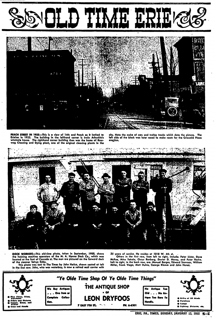 Excerpt from Erie Times-News. Two dark images and text. First image: street view. Second image: 14 men in a group photo. seven are standing in back and seven sitting in front
