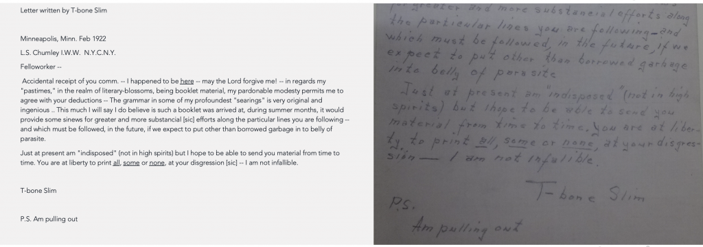 Two pictures side by side. On the left is a transcript of the letter and photo on the right is a close-up of T-bone Slim’s handwritten letter.
