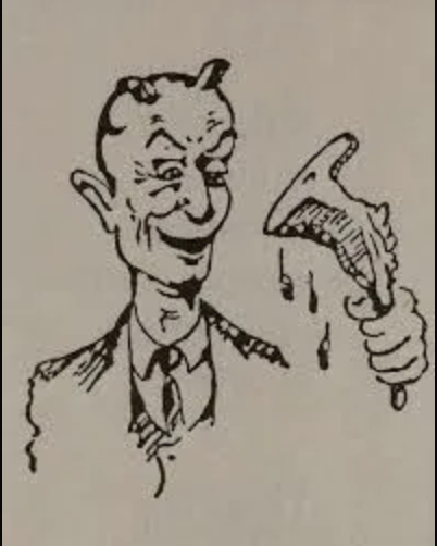 T-bone Slim's "logo": a cartoon image of a man with a horned head holding a t-bone steak. The man is wearing a tie and a suit jacket and vest