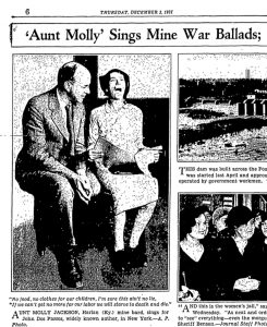 Text and photo from an old newspaper. Headline is "'Aunt Molly Sings Mine War Ballads;". In the photo, Aunt Molly is singing. Bu her is sitting a man. Part of the other photos and rest of the headline are cropped out.