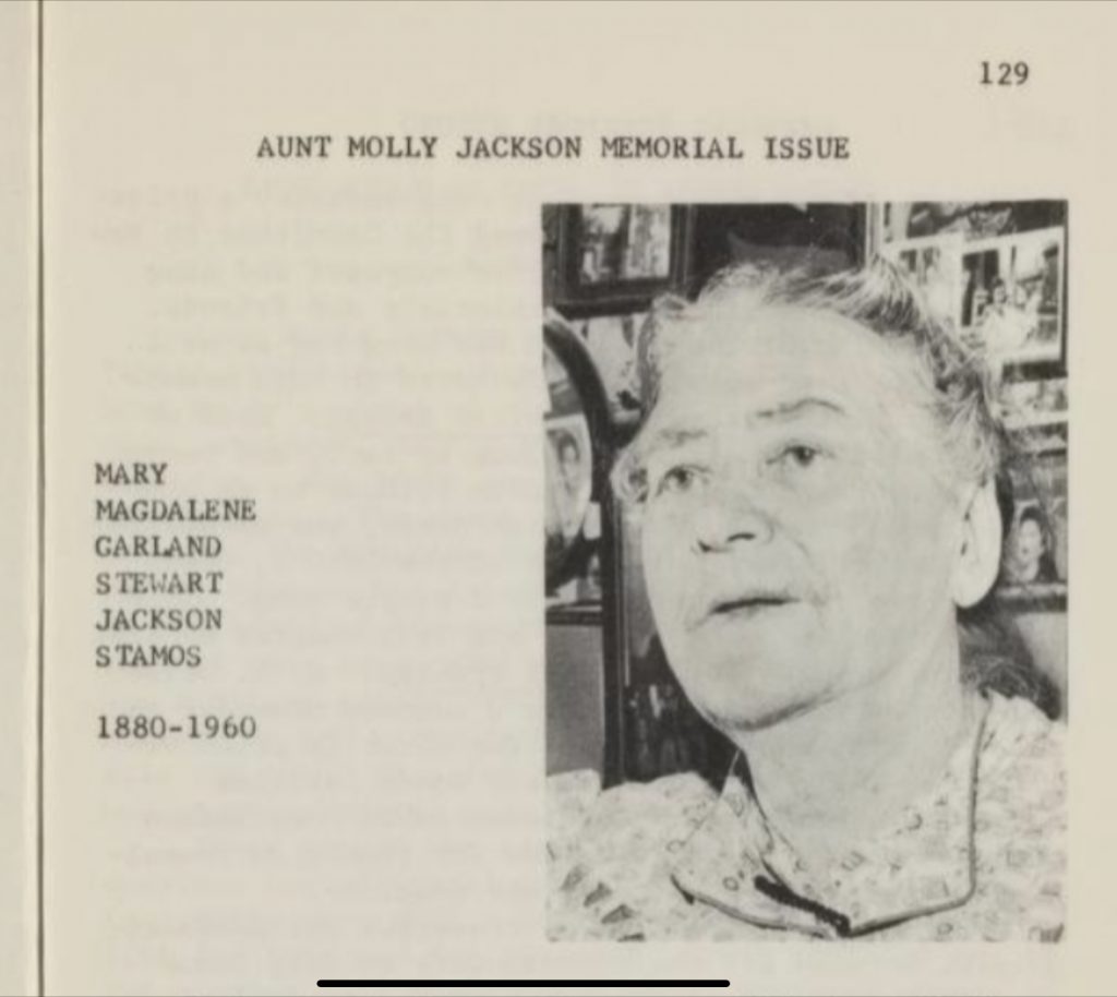 Text and an black and white photo of old Aunt Molly Jackson. Text in all-caps: "Aunt Molly Jackson Memorial Issue. Mary Magdalene Garland Stewart Jackson Stamos 1880-1960"