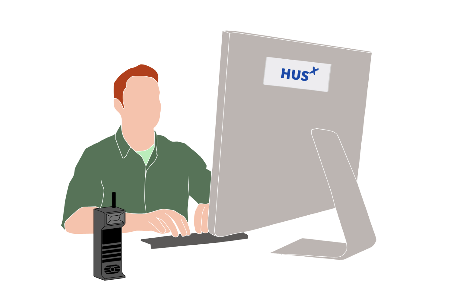 Grafiikkakuvassa henkilö istuu tietokoneella radiopuhelin edessään. Tietokoneessa lukee "HUS".
