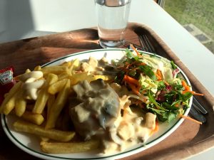 Tyypillinen opiskelijalounas Alma -opiskelijaravintolassa: ”koninginnehapje/vol-au-vent met frieten” = lehtitaikinakiekon päällä kanakastiketta ja lisukkeena ranskalaisia ja salaattia.