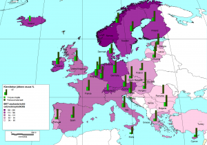 Kuva 1. Kierrätettävän yhdyskuntajätteen ja pakkausmateriaalin osuus sekä BTK per asukas ostovoimaindeksillä Euroopan maissa vuonna 2011 (Euroopan komission Eurostat-palvelu 2014)