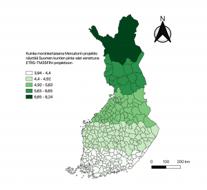 Suomen kuntien pinta-aloja eri projektioissa – Villen GIS-blogi